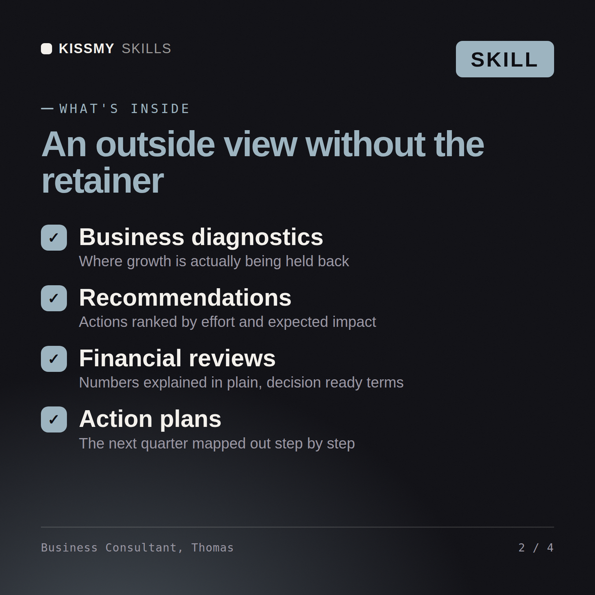 What's inside the Business Consultant, Thomas AI skill: Business diagnostics, Recommendations, Financial reviews, Action plans