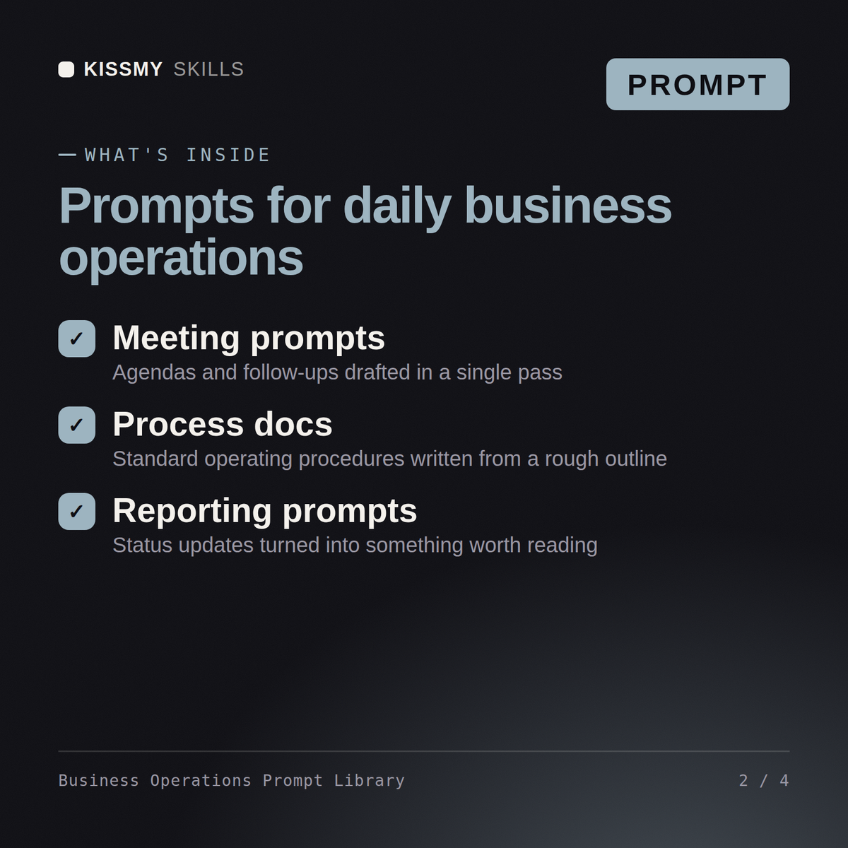 What's inside the Business Operations Prompt Library AI prompt: Meeting prompts, Process docs, Reporting prompts