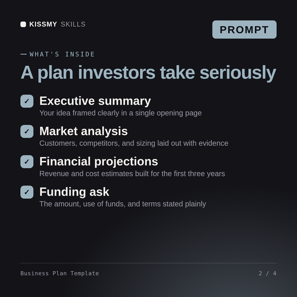 What's inside the Business Plan Template AI prompt: Executive summary, Market analysis, Financial projections, Funding ask