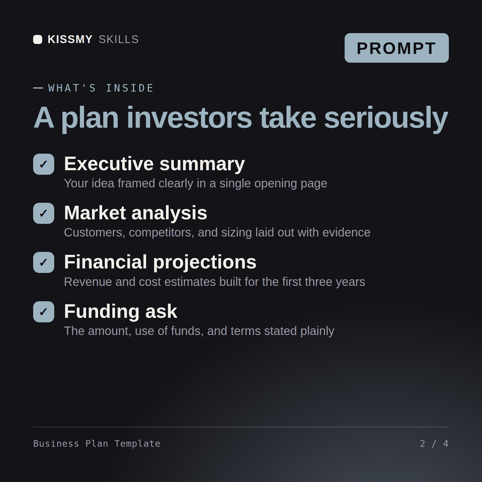 What's inside the Business Plan Template AI prompt: Executive summary, Market analysis, Financial projections, Funding ask