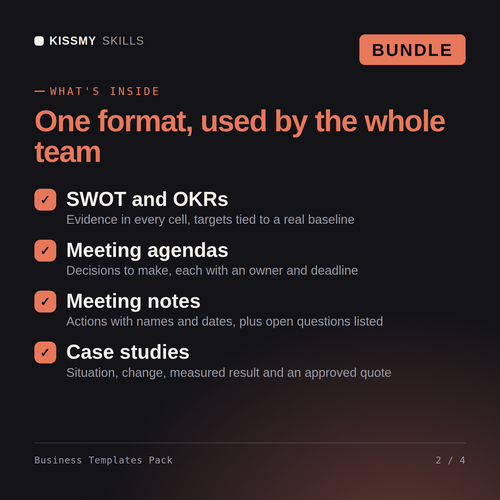 What's inside the Business Templates Pack AI bundle: SWOT and OKRs, Meeting agendas, Meeting notes, Case studies