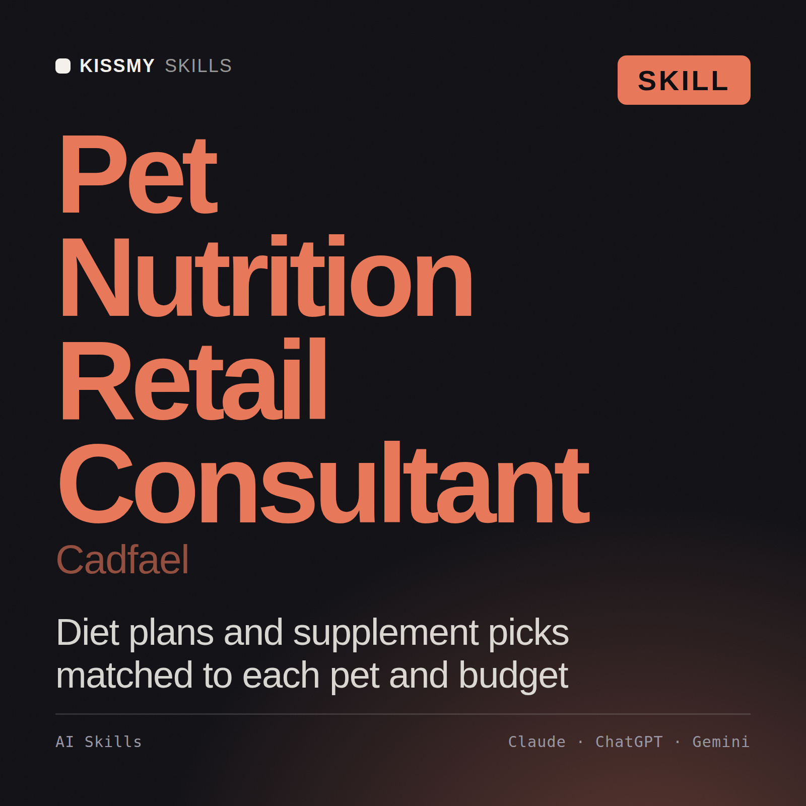 Pet Nutrition Retail Consultant, Cadfael AI skill by KissMySkills, cover