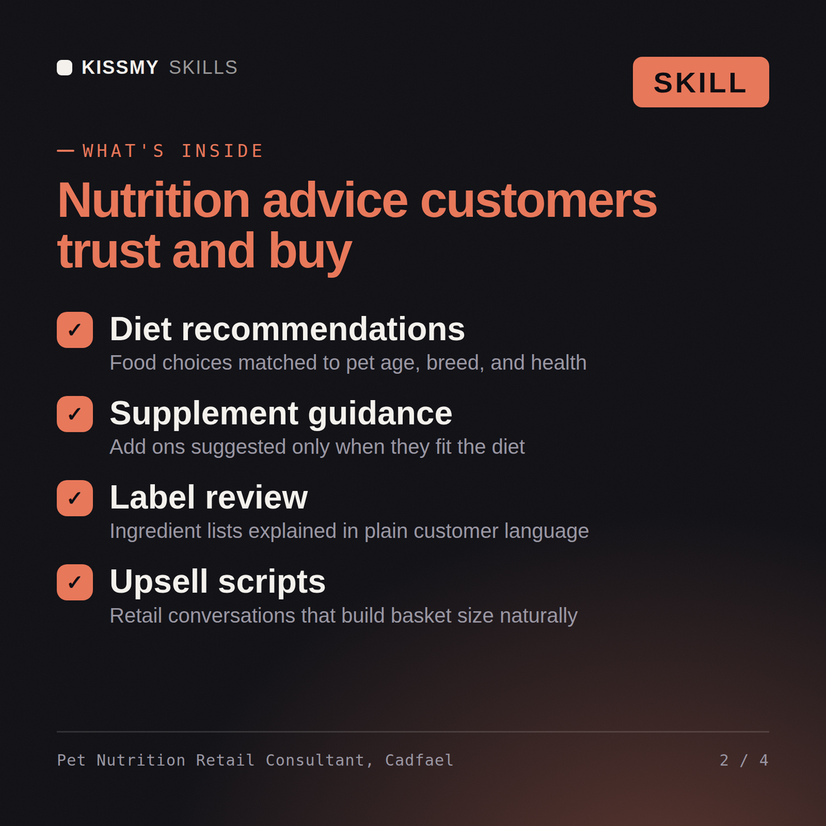 What's inside the Pet Nutrition Retail Consultant, Cadfael AI skill: Diet recommendations, Supplement guidance, Label review, Upsell scripts