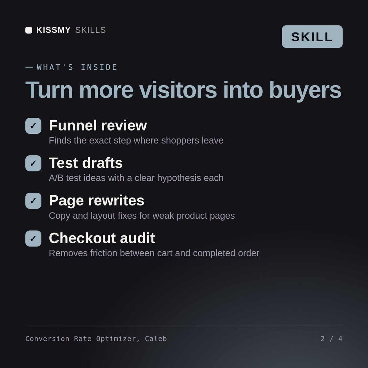 What's inside the Conversion Rate Optimizer, Caleb AI skill: Funnel review, Test drafts, Page rewrites, Checkout audit