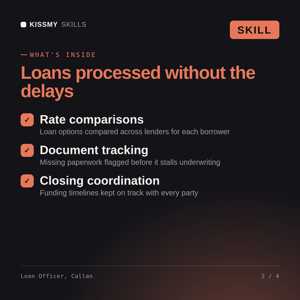 What's inside the Loan Officer, Callan AI skill: Rate comparisons, Document tracking, Closing coordination