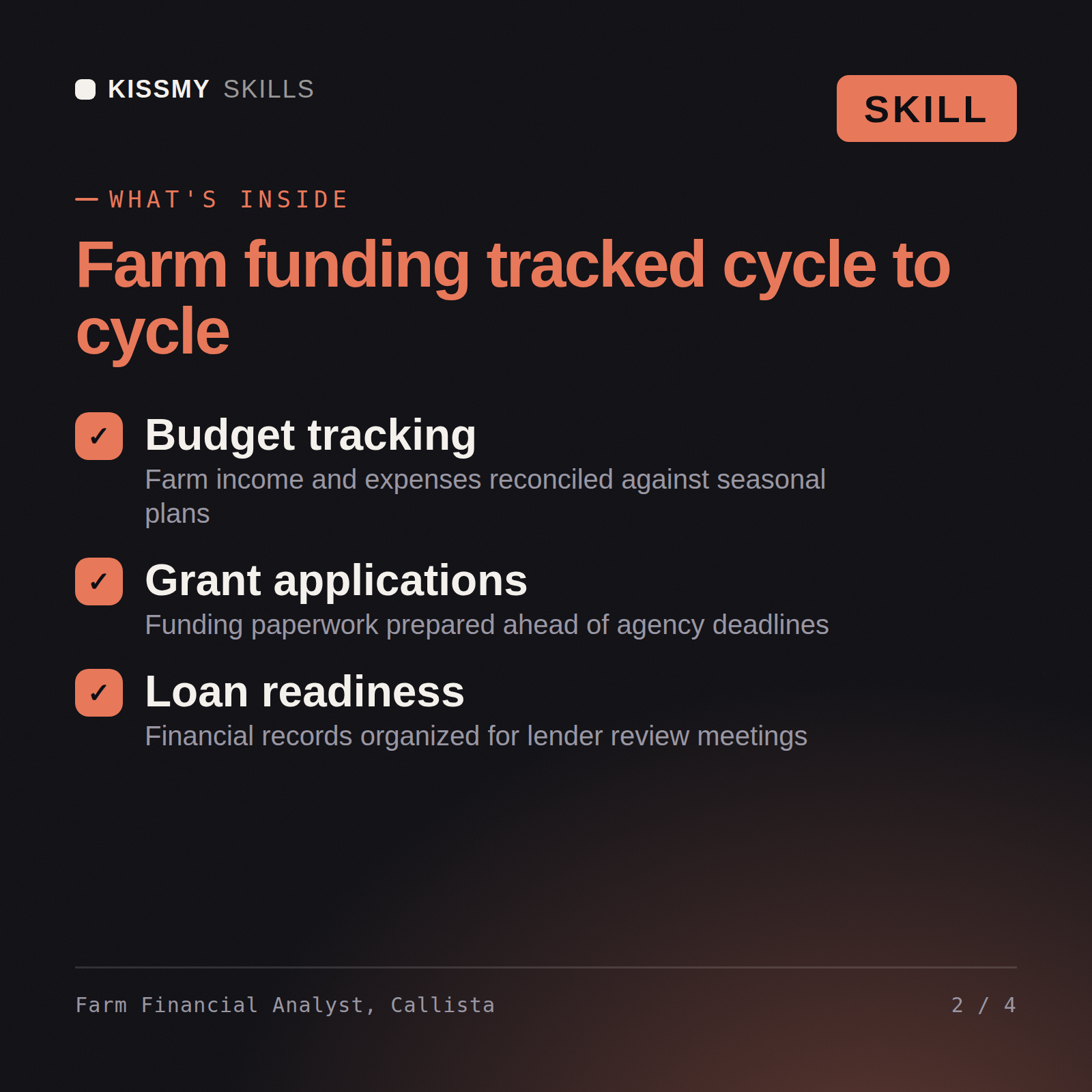 What's inside the Farm Financial Analyst, Callista AI skill: Budget tracking, Grant applications, Loan readiness
