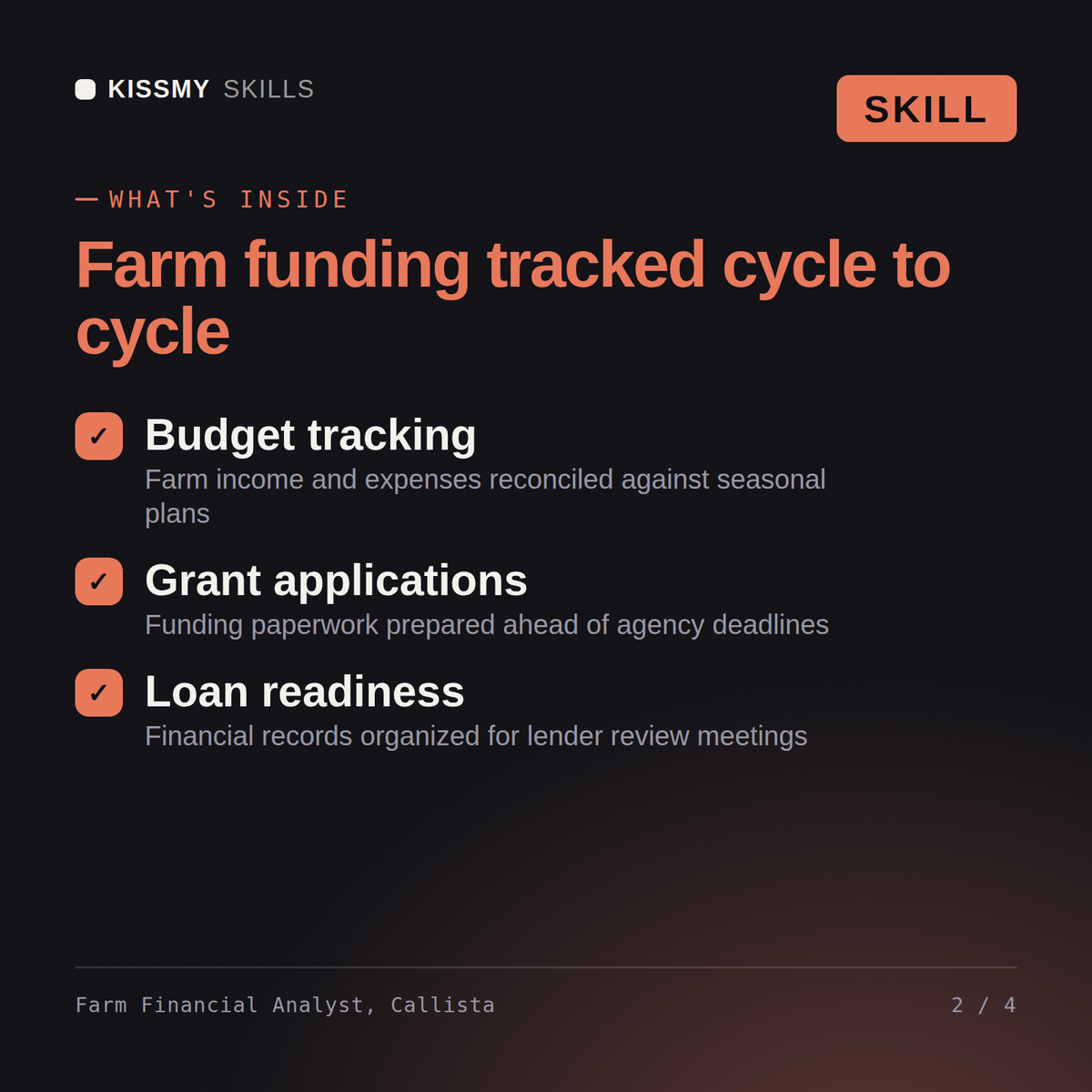 What's inside the Farm Financial Analyst, Callista AI skill: Budget tracking, Grant applications, Loan readiness