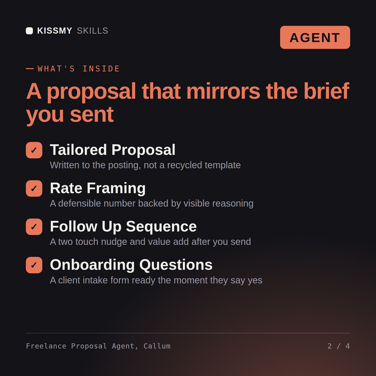 What's inside the Freelance Proposal Agent, Callum AI agent: Tailored Proposal, Rate Framing, Follow Up Sequence, Onboarding Questions