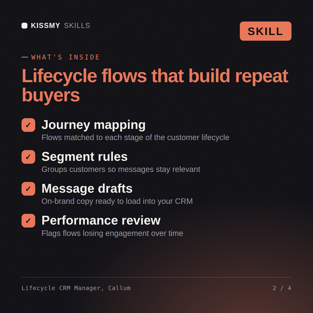 What's inside the Lifecycle CRM Manager, Callum AI skill: Journey mapping, Segment rules, Message drafts, Performance review