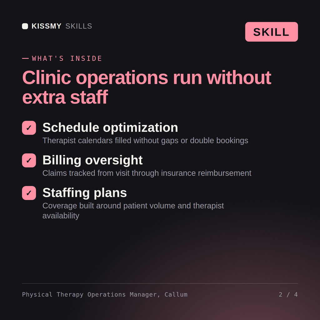 What's inside the Physical Therapy Operations Manager, Callum AI skill: Schedule optimization, Billing oversight, Staffing plans
