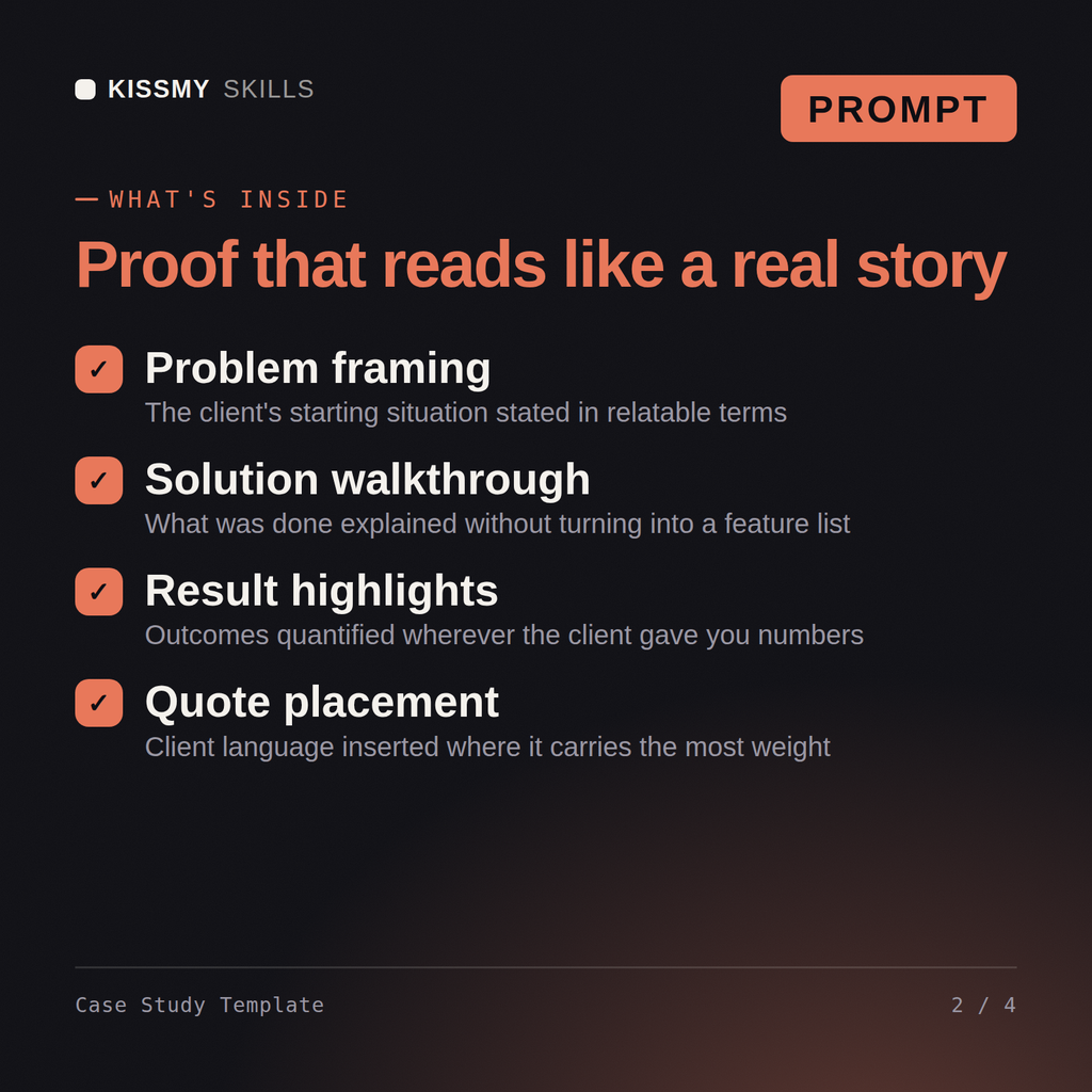 What's inside the Case Study Template AI prompt: Problem framing, Solution walkthrough, Result highlights, Quote placement