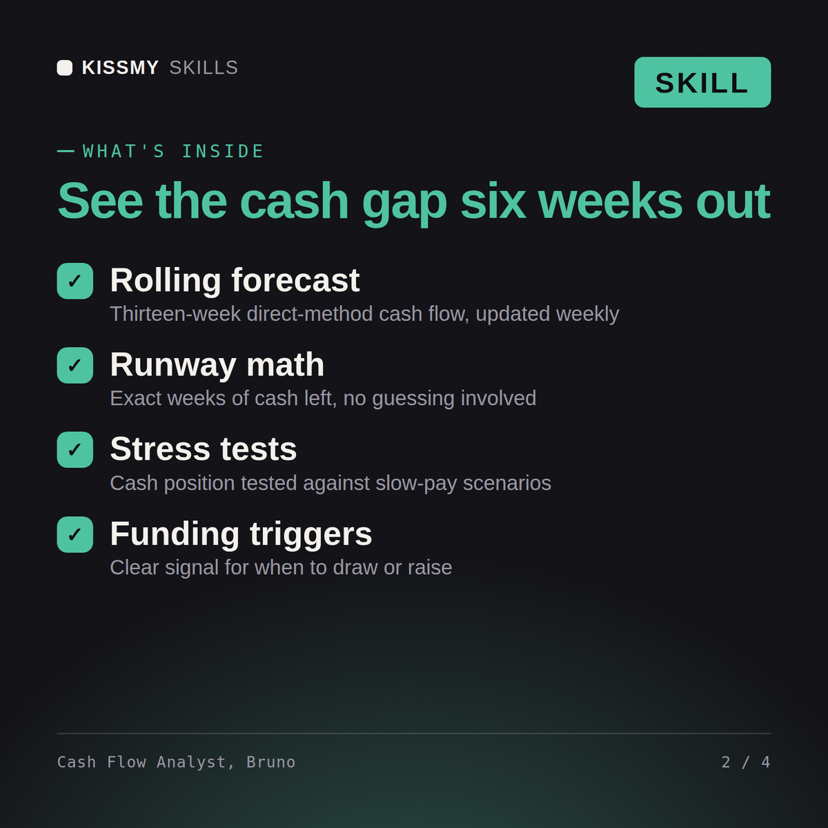 What's inside the Cash Flow Analyst, Bruno AI skill: Rolling forecast, Runway math, Stress tests, Funding triggers