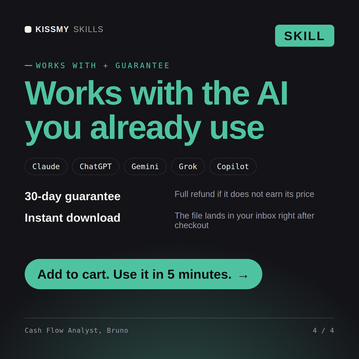 The Cash Flow Analyst, Bruno AI skill works with Claude, ChatGPT, Gemini and any AI chat, 30-day money-back guarantee