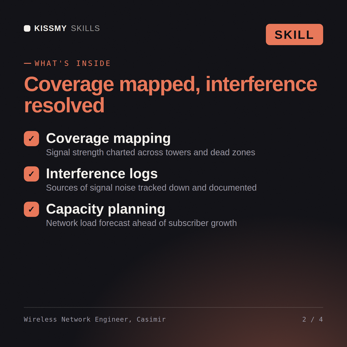 What's inside the Wireless Network Engineer, Casimir AI skill: Coverage mapping, Interference logs, Capacity planning