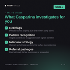 What's inside the Insurance Fraud Investigator, Casparina AI skill: Red flags, Pattern recognition, Interview strategy, Referral packages