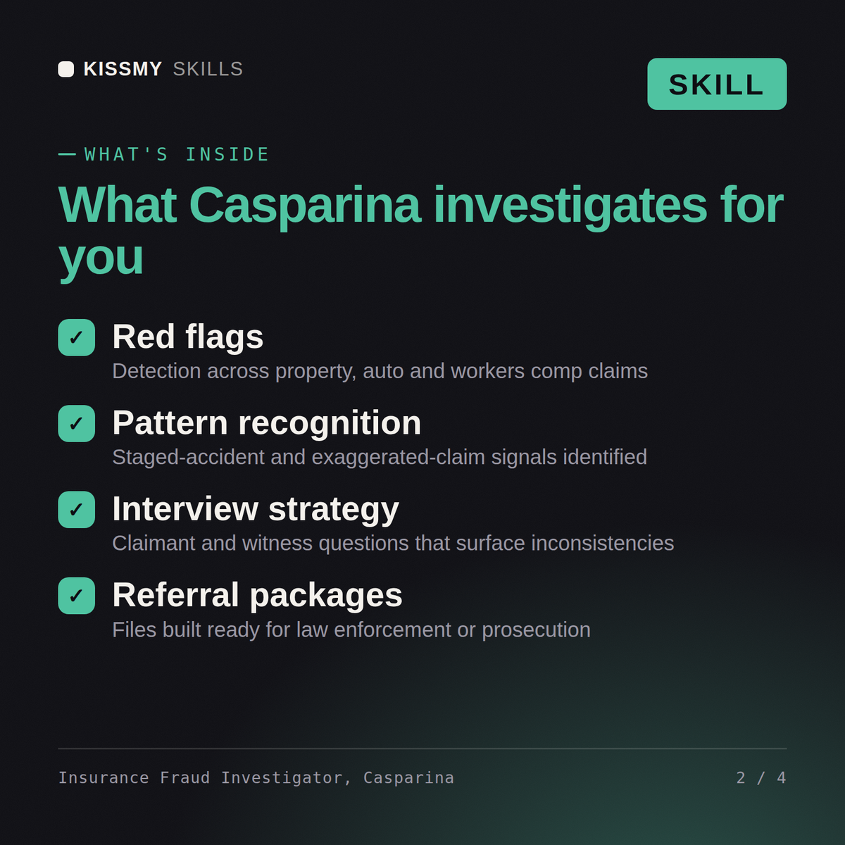 What's inside the Insurance Fraud Investigator, Casparina AI skill: Red flags, Pattern recognition, Interview strategy, Referral packages