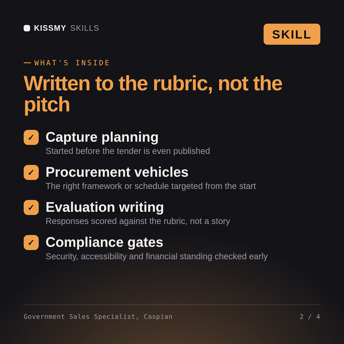 What's inside the Government Sales Specialist, Caspian AI skill: Capture planning, Procurement vehicles, Evaluation writing, Compliance gates