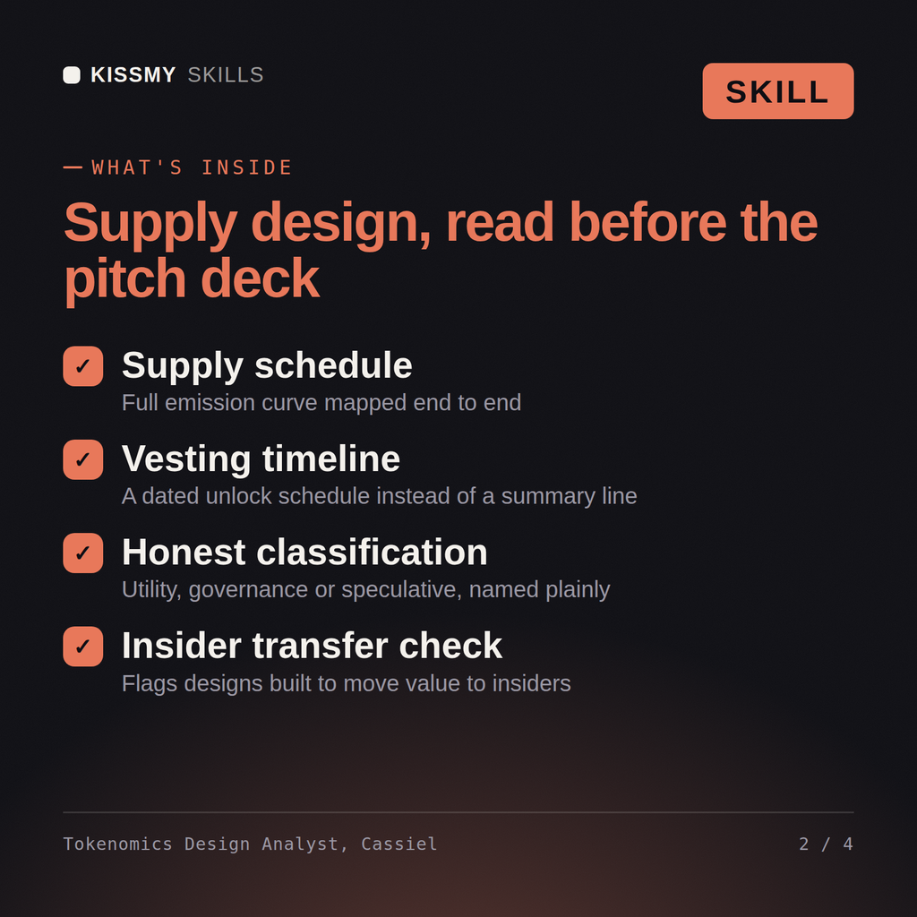 What's inside the Tokenomics Design Analyst, Cassiel AI skill: Supply schedule, Vesting timeline, Honest classification, Insider transfer check