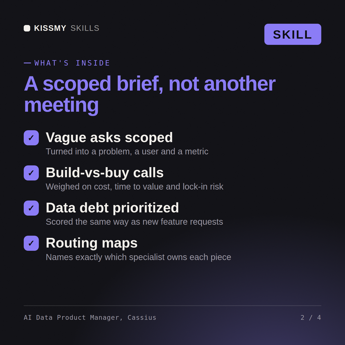 What's inside the AI Data Product Manager, Cassius AI skill: Vague asks scoped, Build-vs-buy calls, Data debt prioritized, Routing maps
