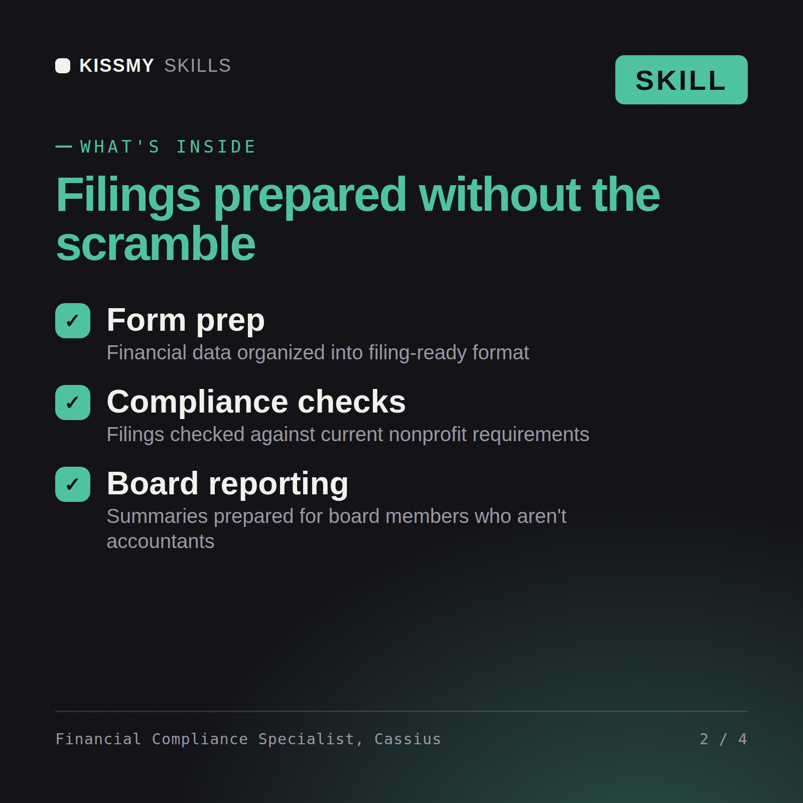 What's inside the Financial Compliance Specialist, Cassius AI skill: Form prep, Compliance checks, Board reporting