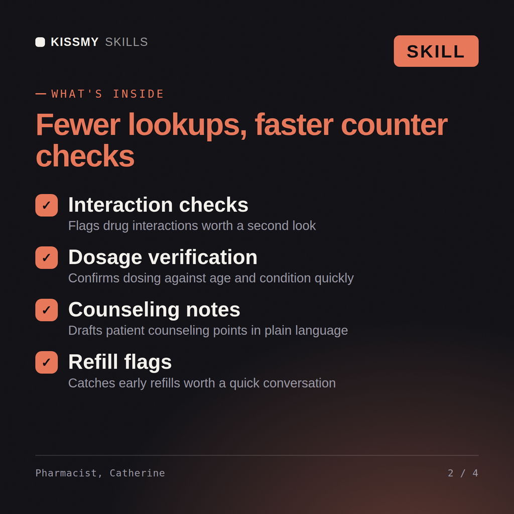 What's inside the Pharmacist, Catherine AI skill: Interaction checks, Dosage verification, Counseling notes, Refill flags