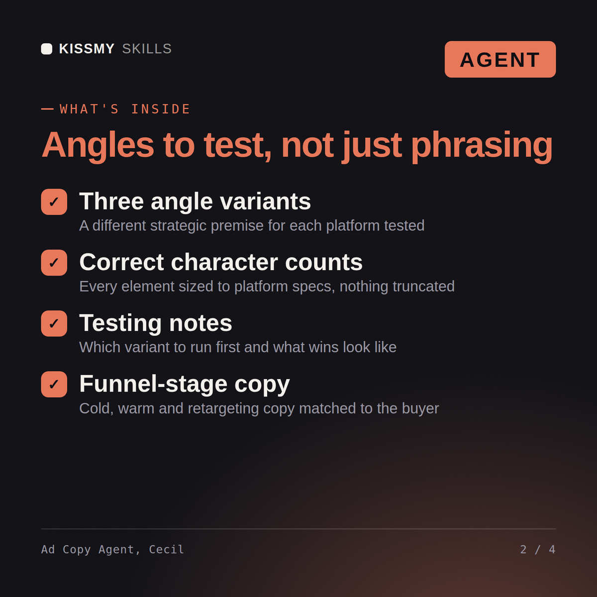 What's inside the Ad Copy Agent, Cecil AI agent: Three angle variants, Correct character counts, Testing notes, Funnel-stage copy