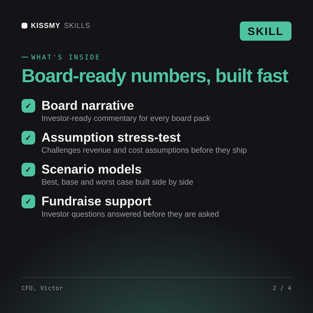 What's inside the CFO, Victor AI skill: Board narrative, Assumption stress-test, Scenario models, Fundraise support