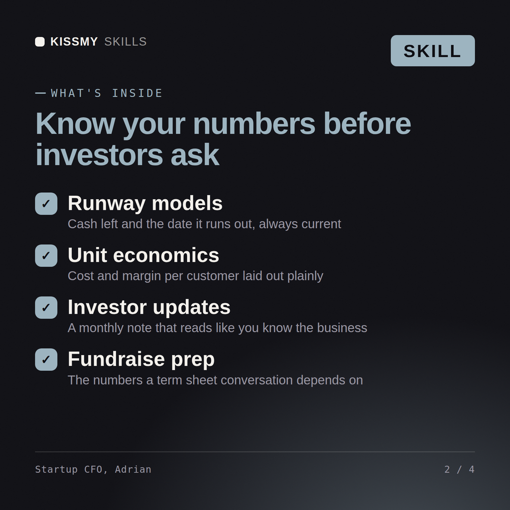 What's inside the Startup CFO, Adrian AI skill: Runway models, Unit economics, Investor updates, Fundraise prep
