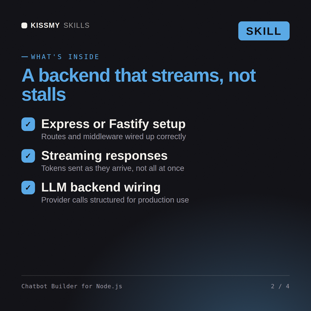 What's inside the Chatbot Builder for Node.js AI skill: Express or Fastify setup, Streaming responses, LLM backend wiring