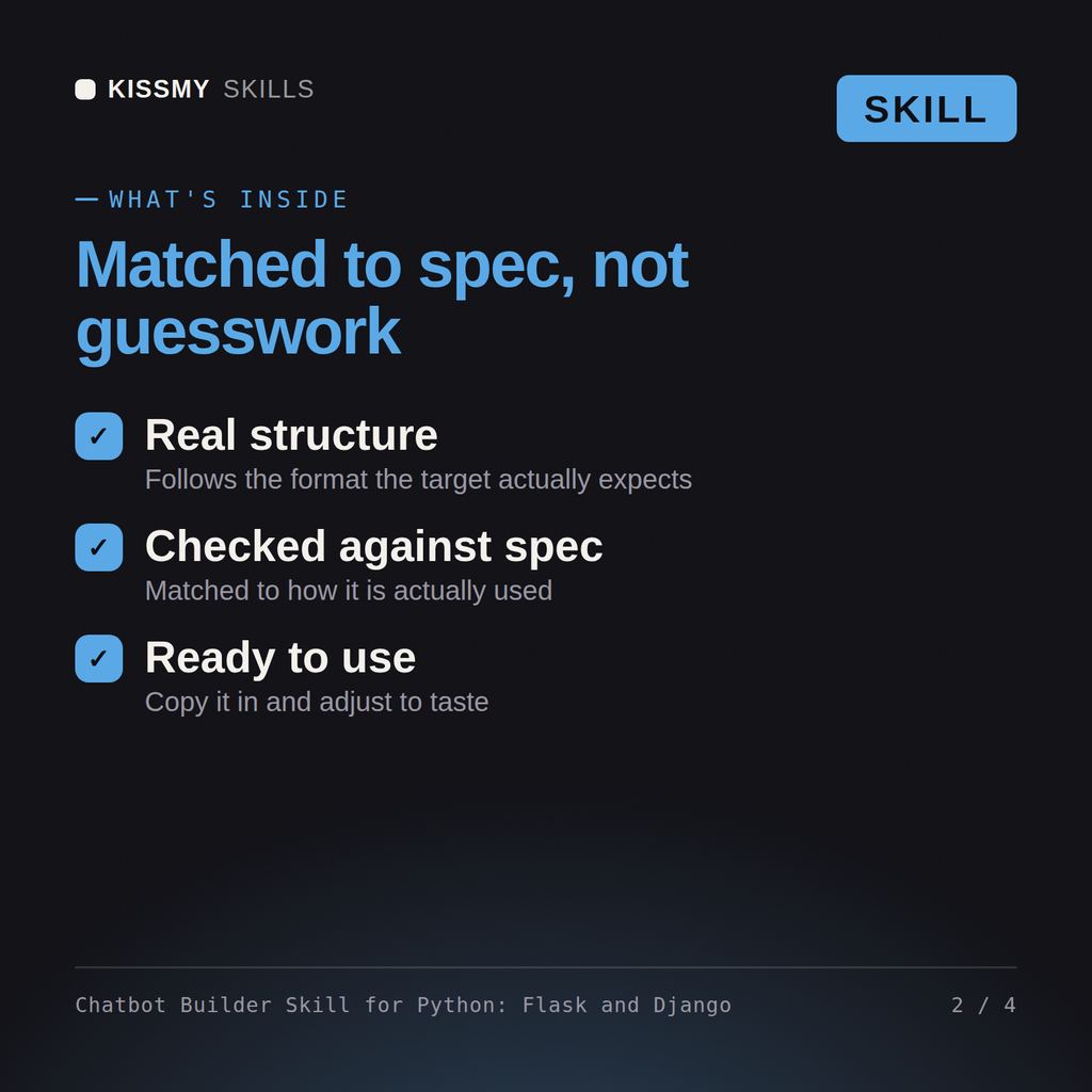 What's inside the Chatbot Builder Skill for Python: Flask and Django AI skill: Real structure, Checked against spec, Ready to use