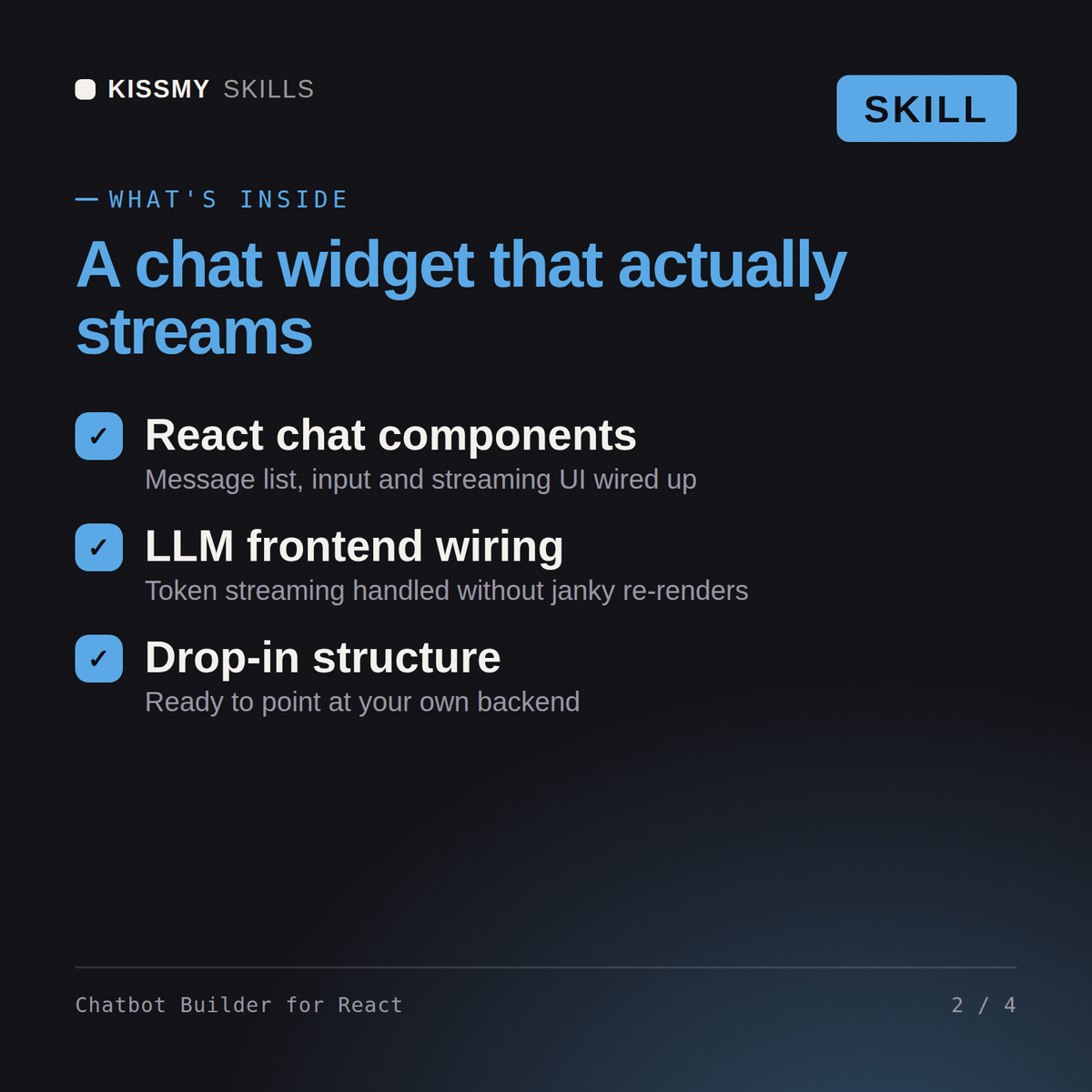 What's inside the Chatbot Builder for React AI skill: React chat components, LLM frontend wiring, Drop-in structure