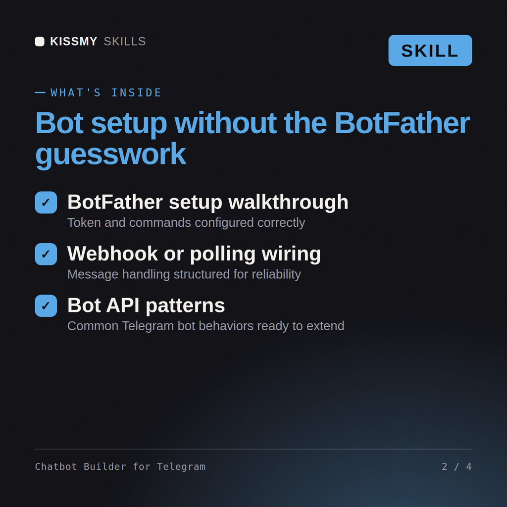 What's inside the Chatbot Builder for Telegram AI skill: BotFather setup walkthrough, Webhook or polling wiring, Bot API patterns