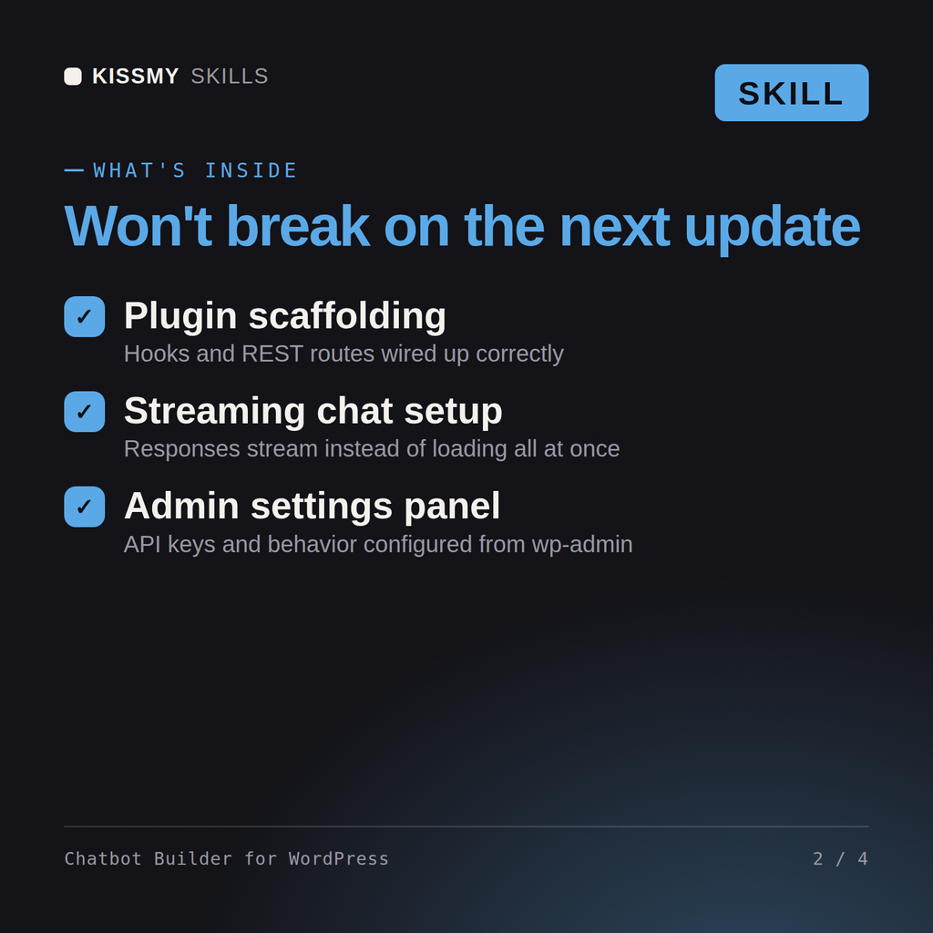 What's inside the Chatbot Builder for WordPress AI skill: Plugin scaffolding, Streaming chat setup, Admin settings panel