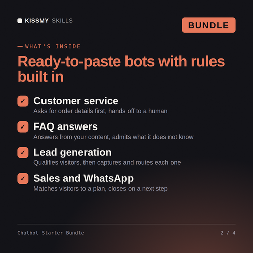 What's inside the Chatbot Starter Bundle AI bundle: Customer service, FAQ answers, Lead generation, Sales and WhatsApp