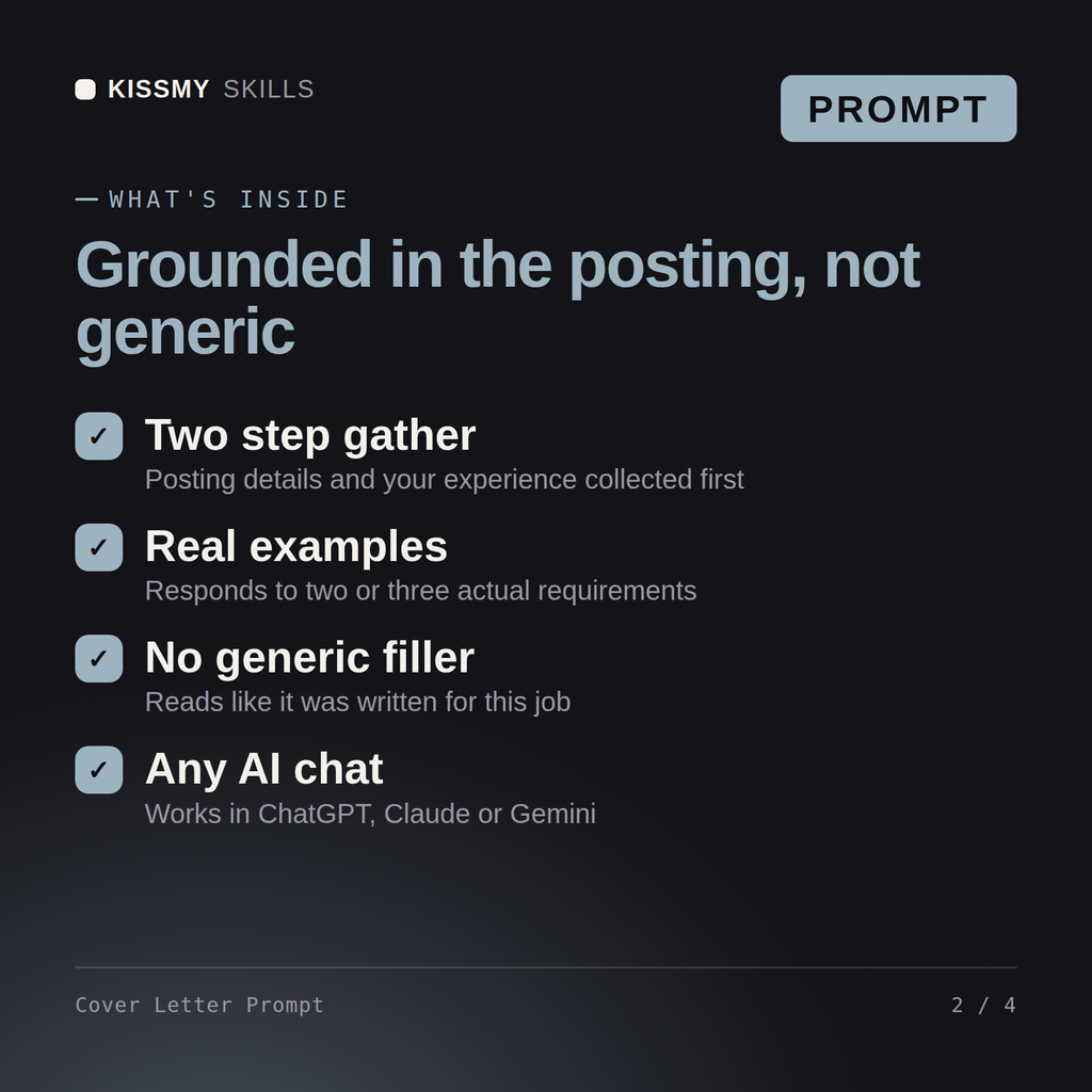 What's inside the Cover Letter Prompt AI prompt: Two step gather, Real examples, No generic filler, Any AI chat
