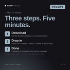 How the Cover Letter Prompt AI prompt works in three steps: download, drop it into your AI chat, done