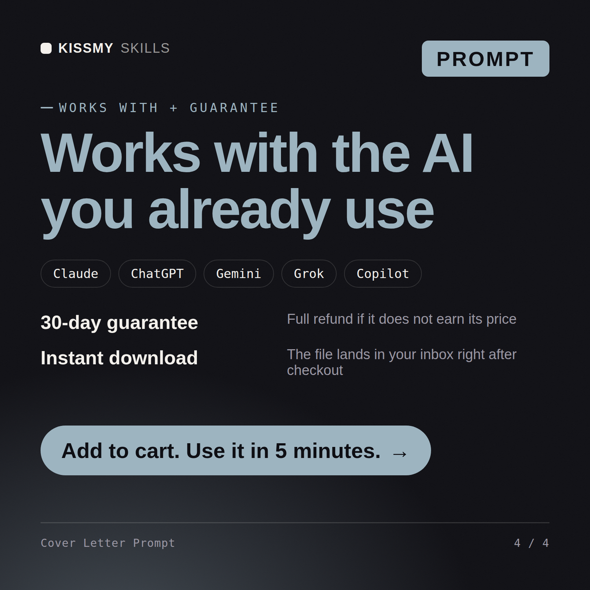 The Cover Letter Prompt AI prompt works with Claude, ChatGPT, Gemini and any AI chat, 30-day money-back guarantee