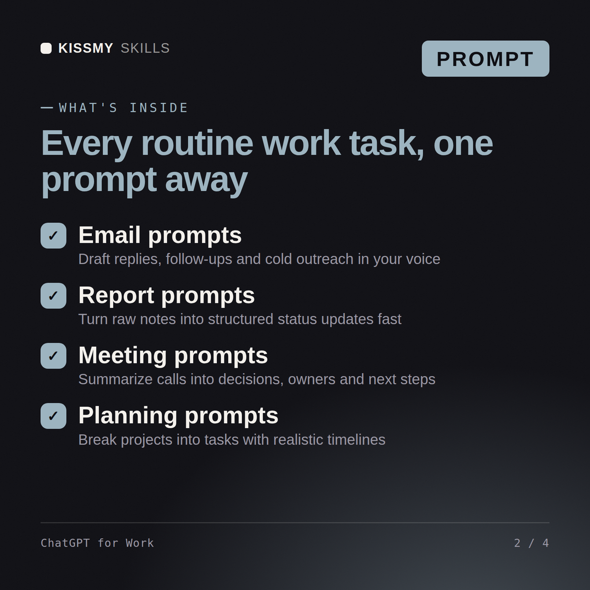What's inside the ChatGPT for Work AI prompt: Email prompts, Report prompts, Meeting prompts, Planning prompts