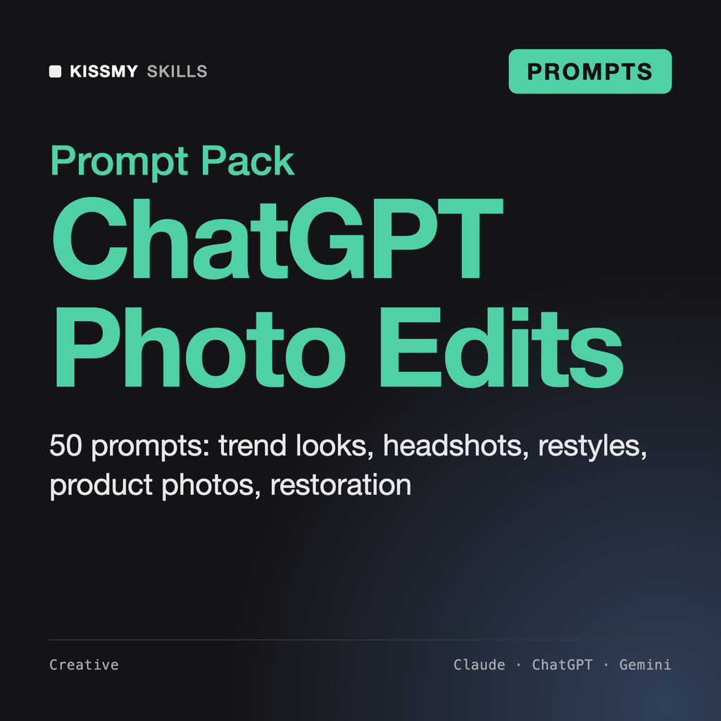 ChatGPT Photo Editing Prompts - 50 Image Edit Prompts by KissMySkills, cover
