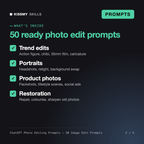 What's inside the ChatGPT Photo Editing Prompts - 50 Image Edit Prompts: Trend edits, Portraits, Product photos, Restoration