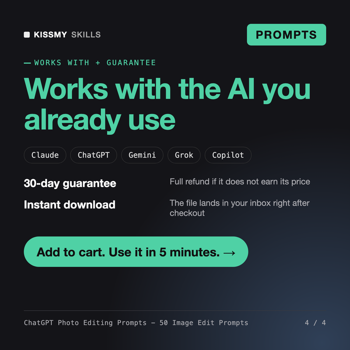 The ChatGPT Photo Editing Prompts - 50 Image Edit Prompts works with Claude, ChatGPT, Gemini and any AI chat, 30-day money-back guarantee