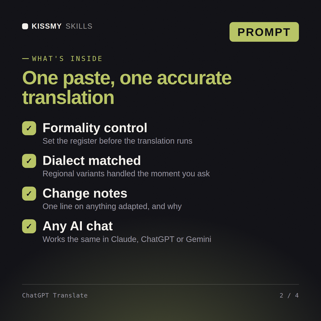 What's inside the ChatGPT Translate AI prompt: Formality control, Dialect matched, Change notes, Any AI chat