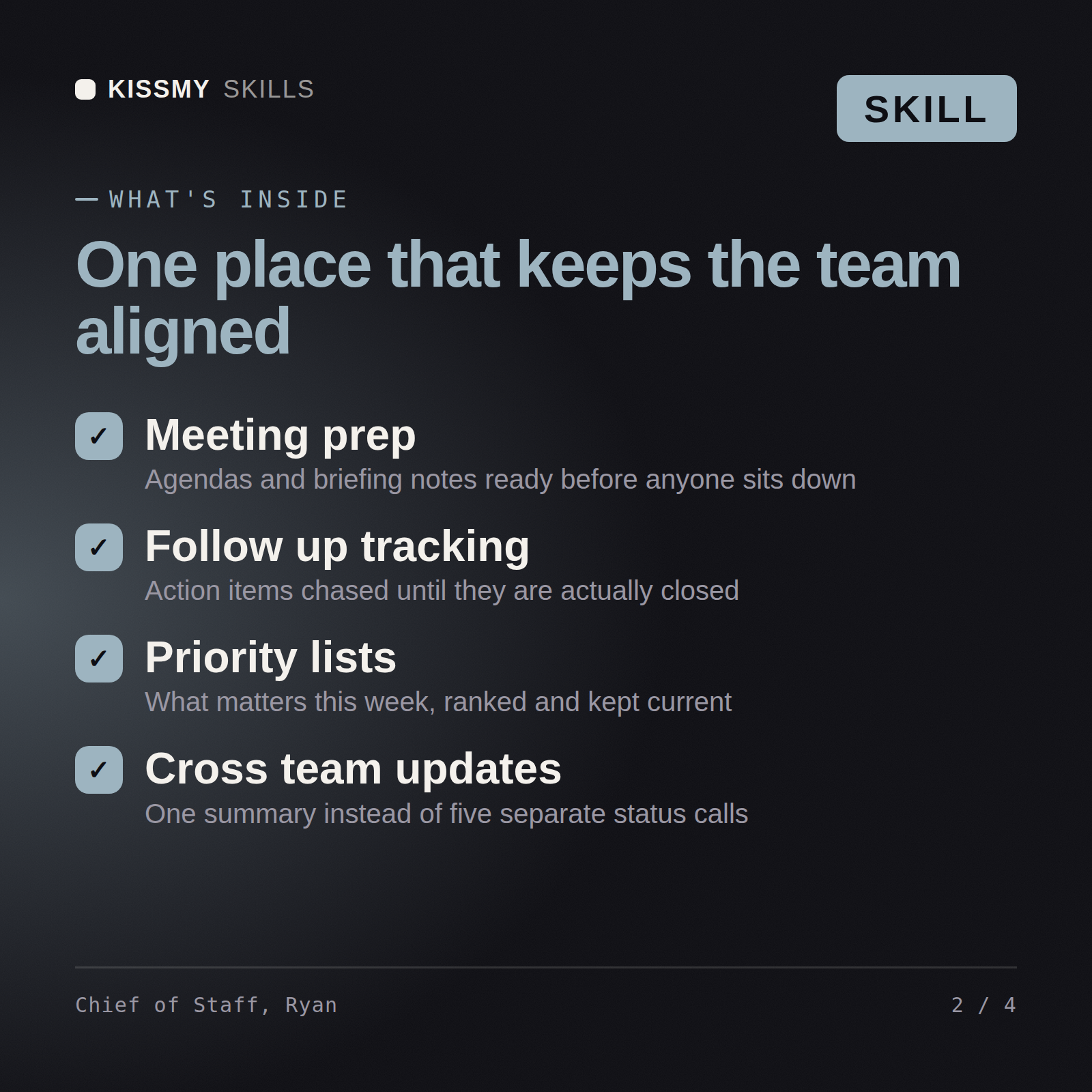 What's inside the Chief of Staff, Ryan AI skill: Meeting prep, Follow up tracking, Priority lists, Cross team updates
