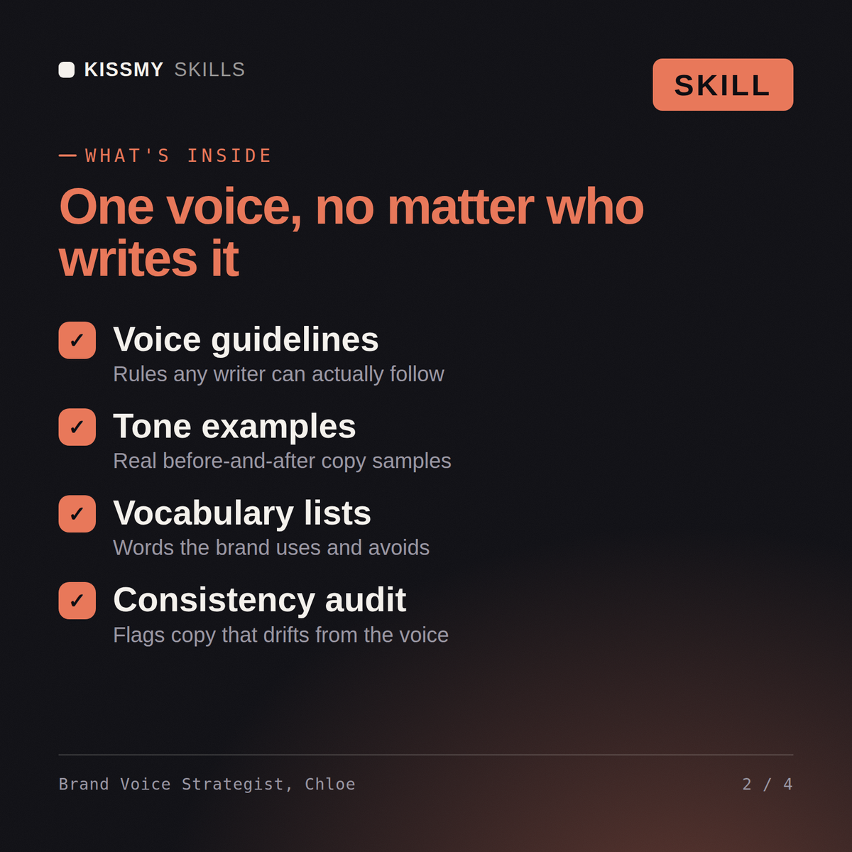 What's inside the Brand Voice Strategist, Chloe AI skill: Voice guidelines, Tone examples, Vocabulary lists, Consistency audit