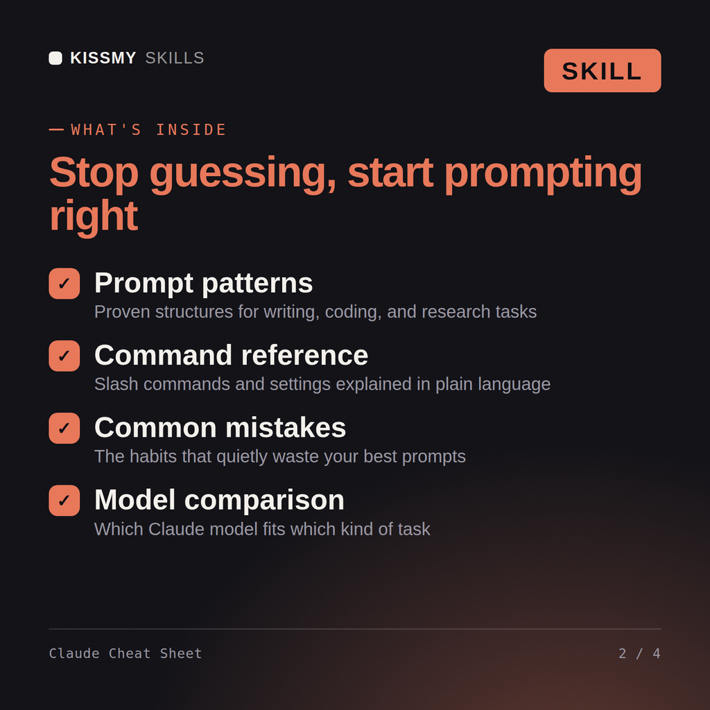 What's inside the Claude Cheat Sheet AI skill: Prompt patterns, Command reference, Common mistakes, Model comparison