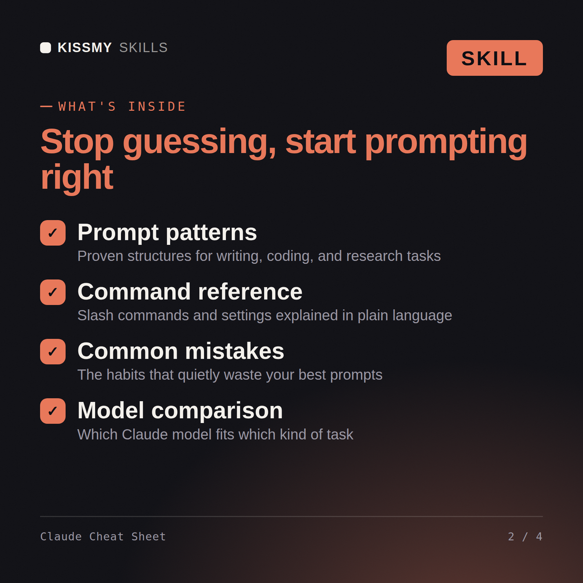 What's inside the Claude Cheat Sheet AI skill: Prompt patterns, Command reference, Common mistakes, Model comparison