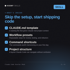 What's inside the Claude Code Starter Pack AI skill: CLAUDE.md template, Workflow presets, Command shortcuts, Project structure
