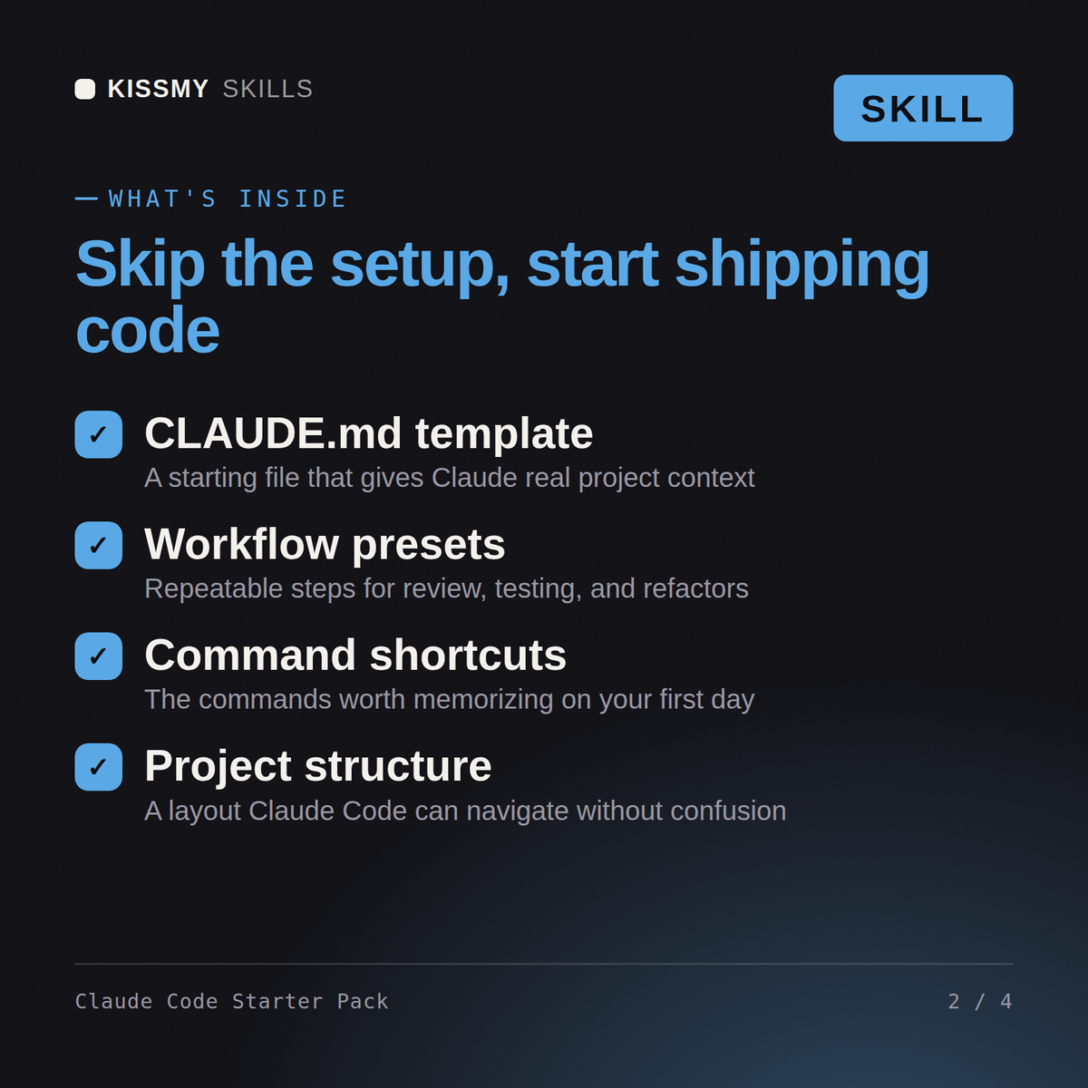 What's inside the Claude Code Starter Pack AI skill: CLAUDE.md template, Workflow presets, Command shortcuts, Project structure
