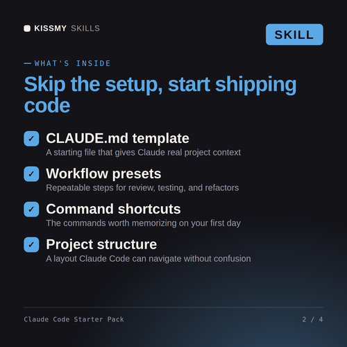 What's inside the Claude Code Starter Pack AI skill: CLAUDE.md template, Workflow presets, Command shortcuts, Project structure