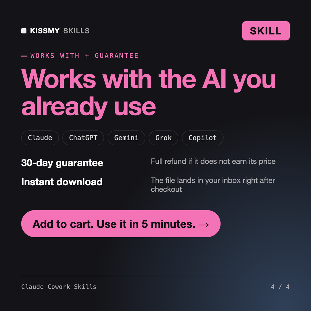 The Claude Cowork Skills - 5 File and Spreadsheet Workflows Starter Pack AI skill works with Claude, ChatGPT, Gemini and any AI chat, 30-day money-back guarantee